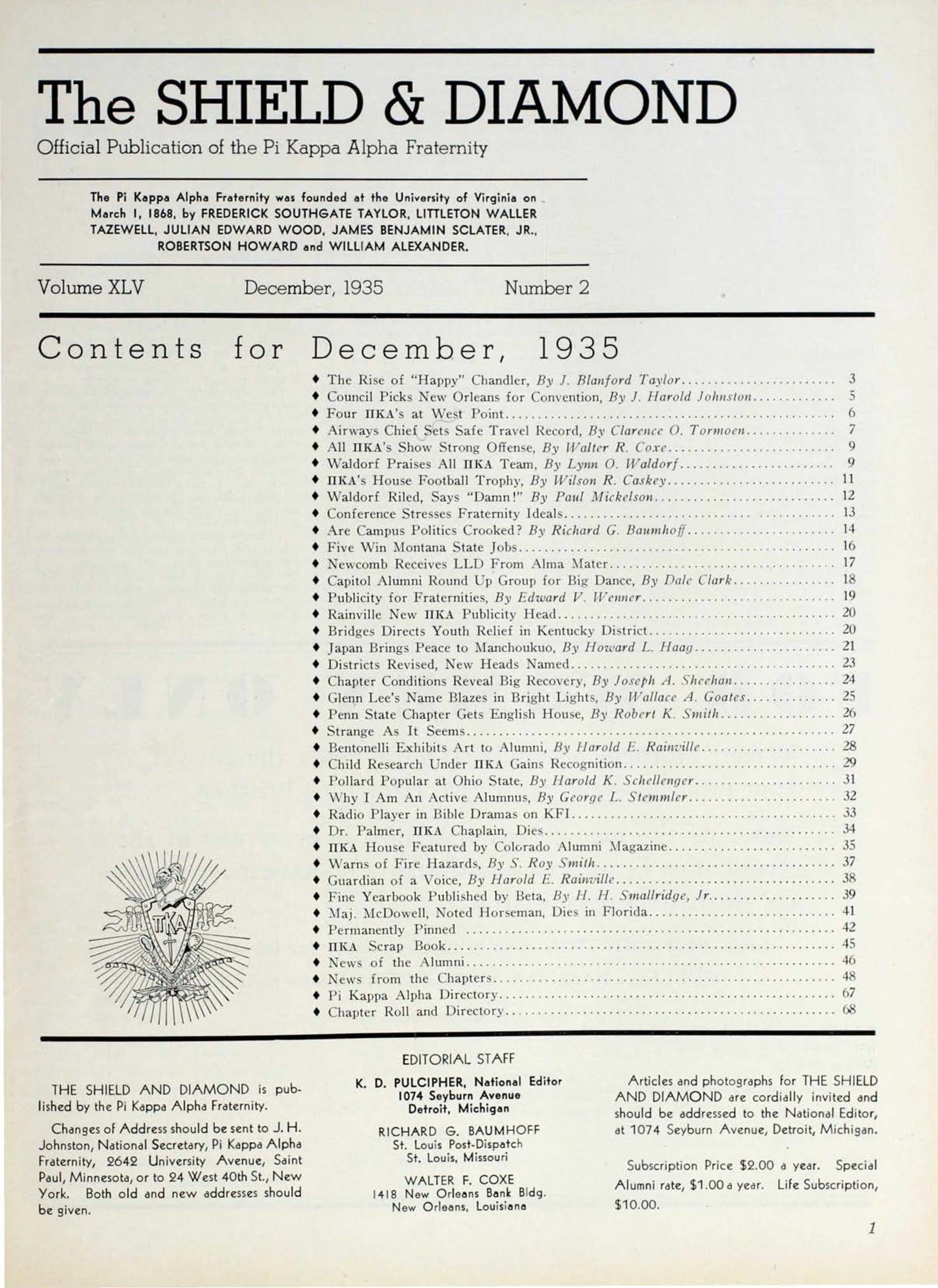 The Shield And Diamond, Vol. 45, No. 2, Table of Contents